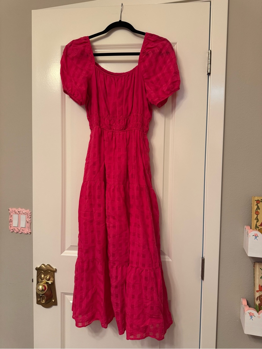 Anthropologie Bright Pink Puff-Sleeve Midi Dress